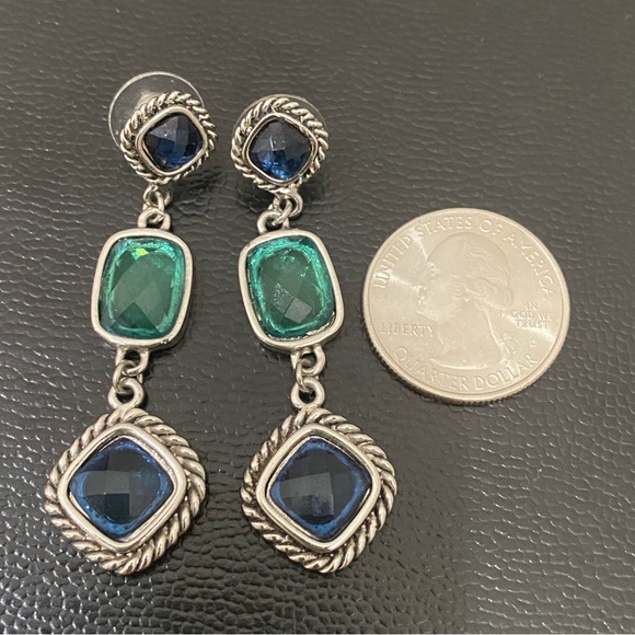 Unsigned Green & Blue Rhinestones Drop Dangle Earrings 11.5g - Picture 6 of 12